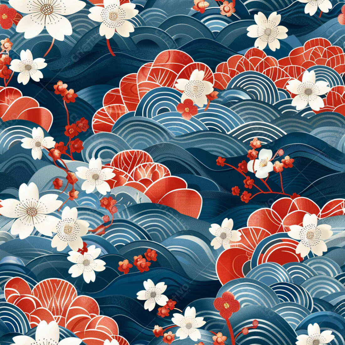 Textura tecido floral azul e vermelho para papel de parede