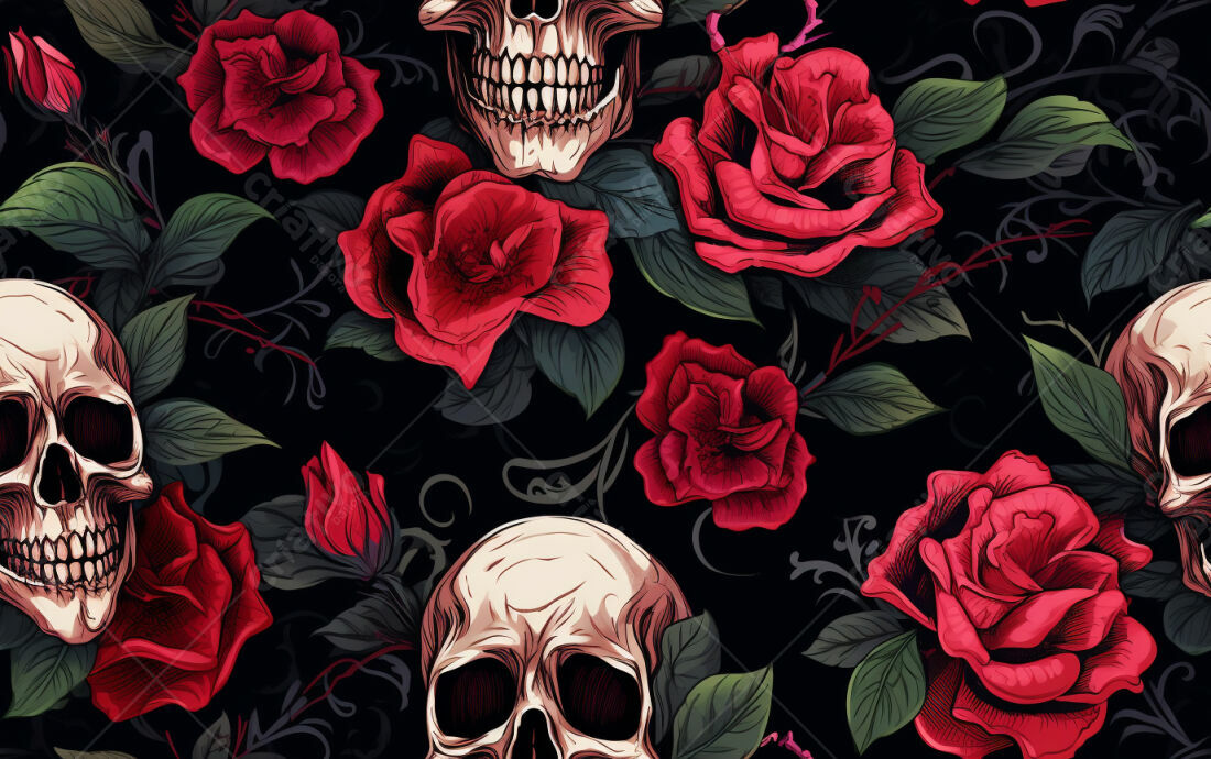 Textura Caveiras e Rosas Vermelhas para Fundo