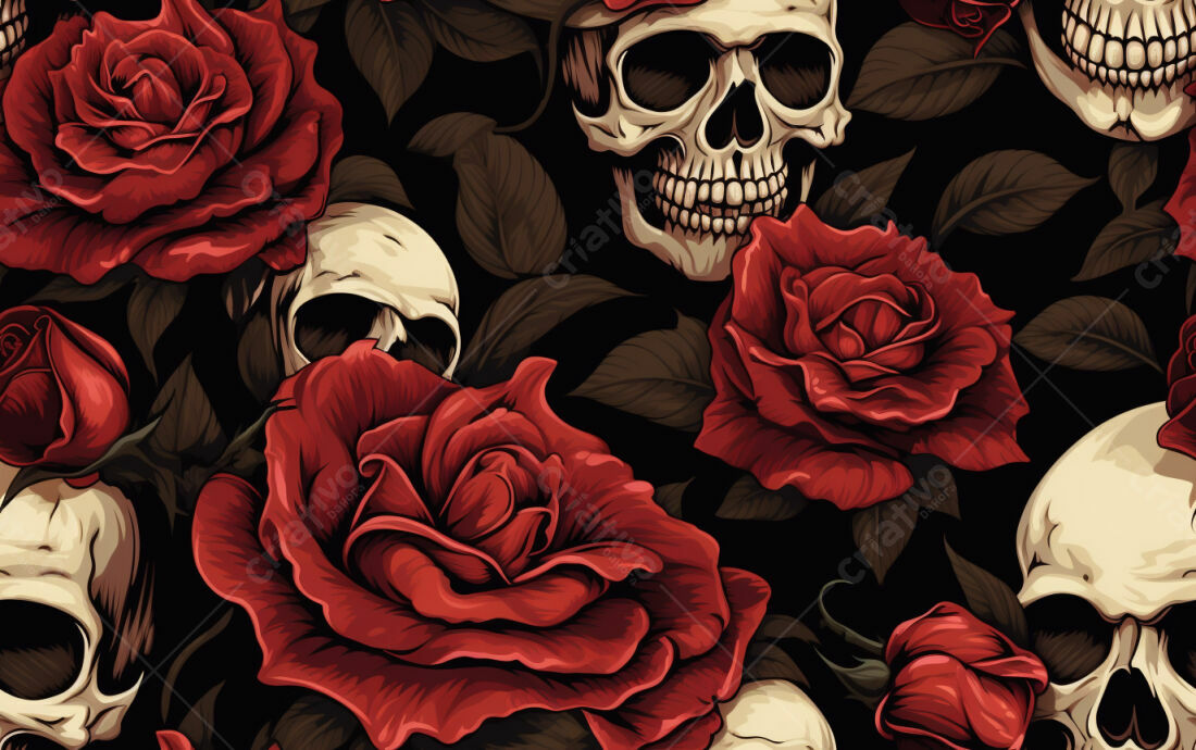 Textura Rosas e Caveiras para Papel de Parede