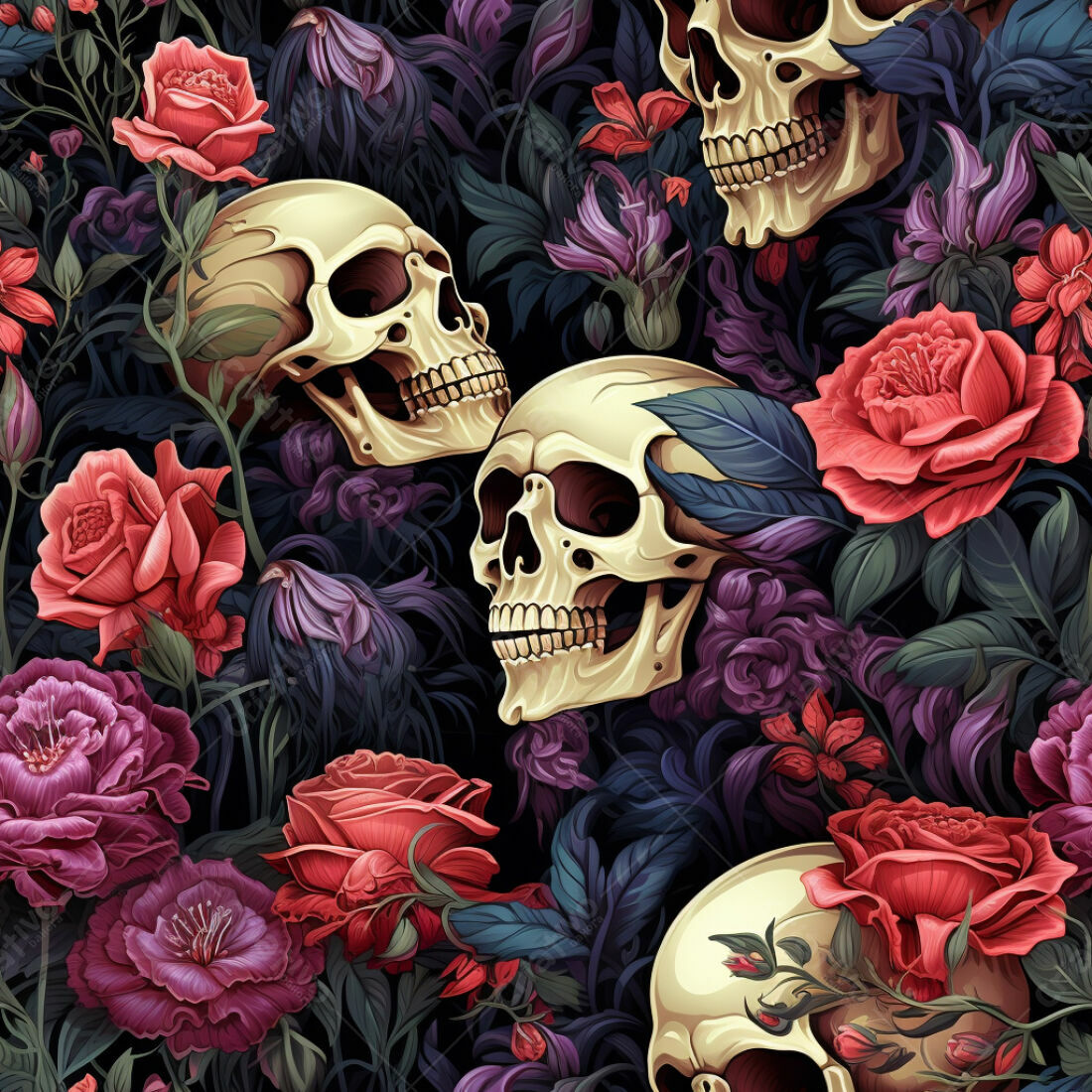 Textura Caveiras e Rosas para Fundo Escuro