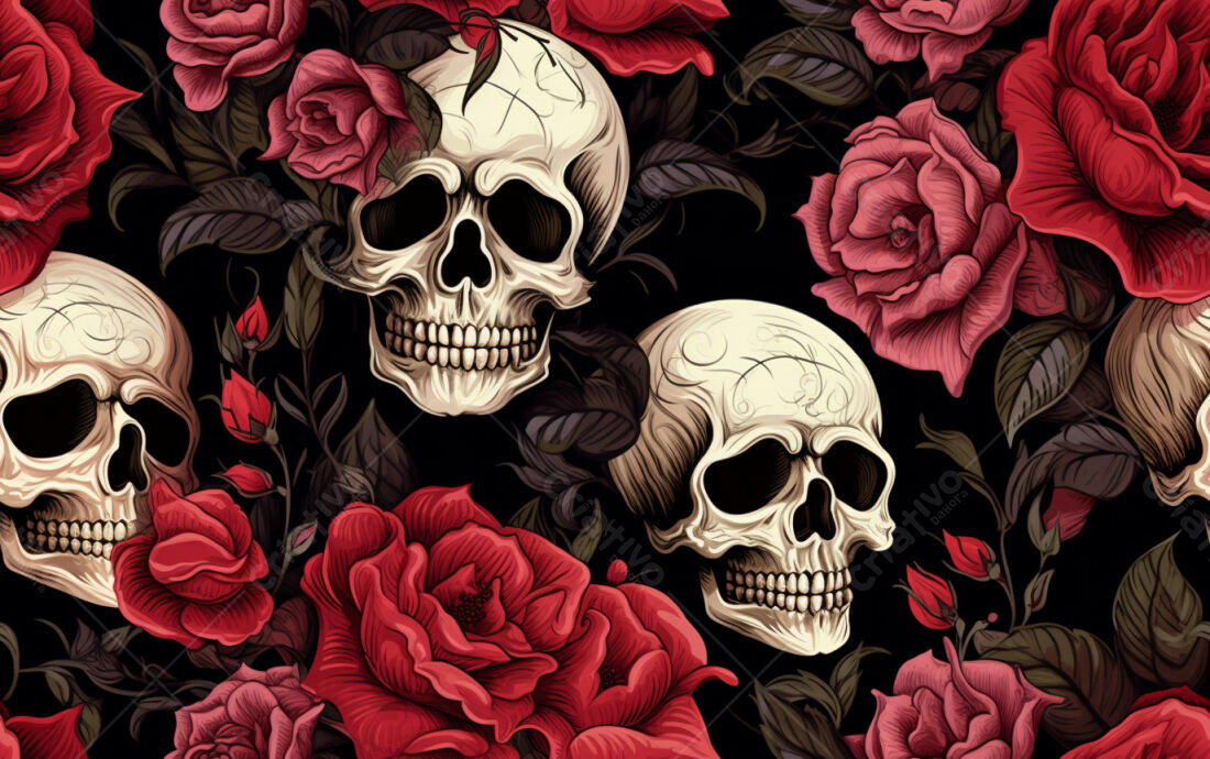 Textura Caveiras e Rosas para Fundo Escuro