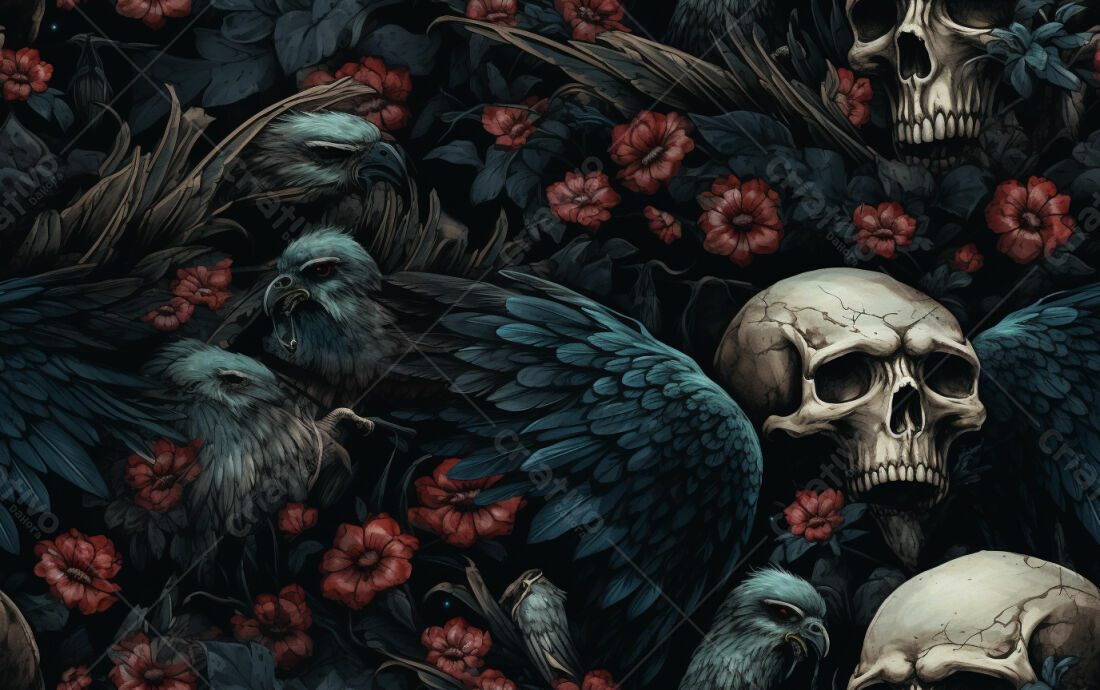Textura Caveira e Aves para Papel de Parede Gótico
