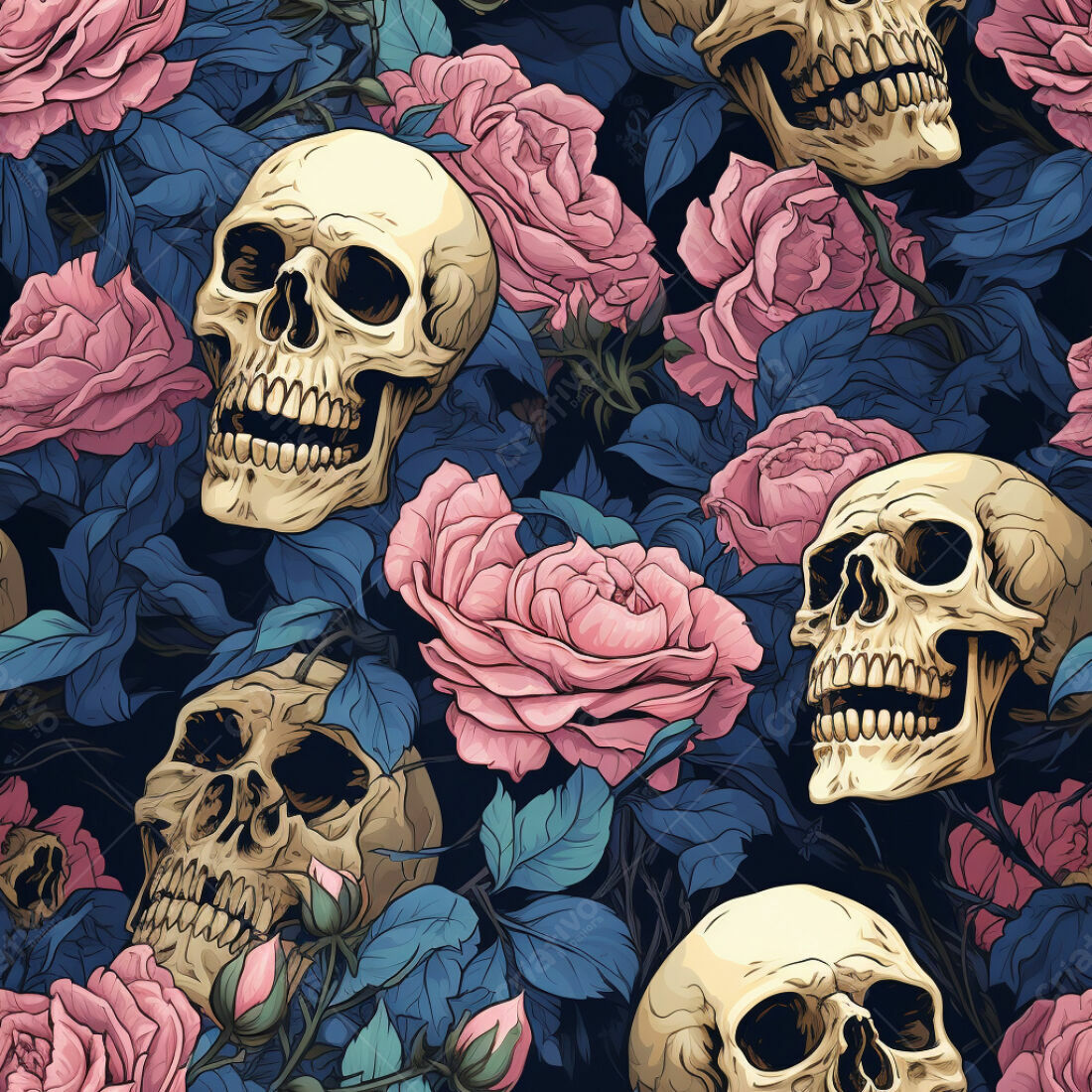 Textura Caveiras e Rosas para Papel de Parede