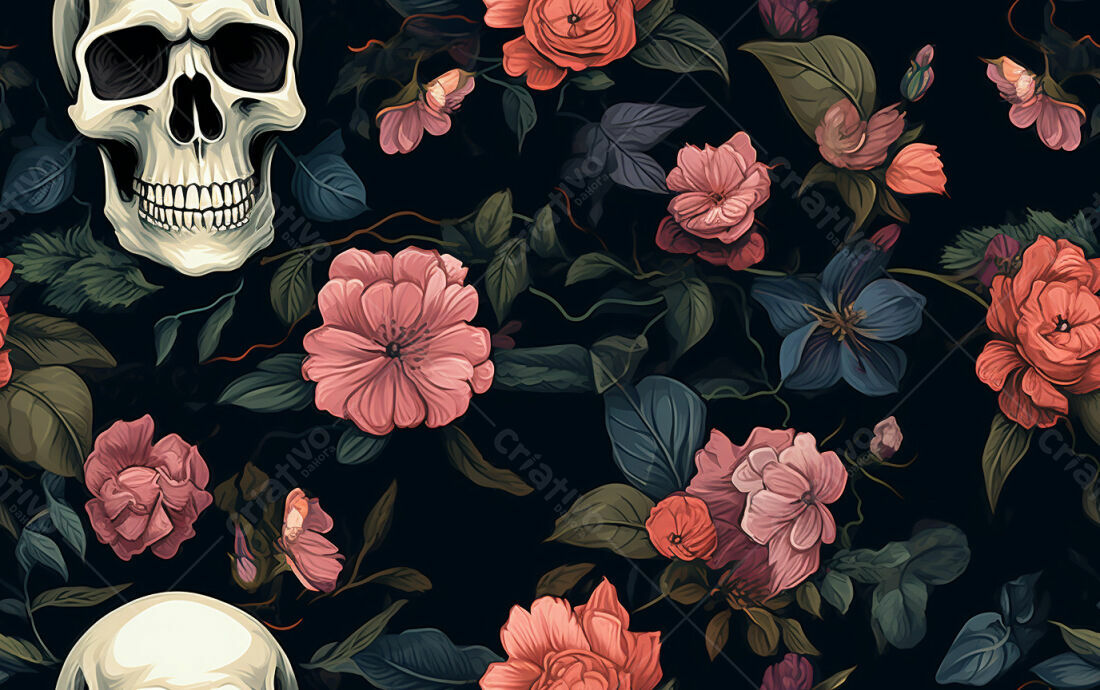 Textura floral escura com caveiras para papel de parede