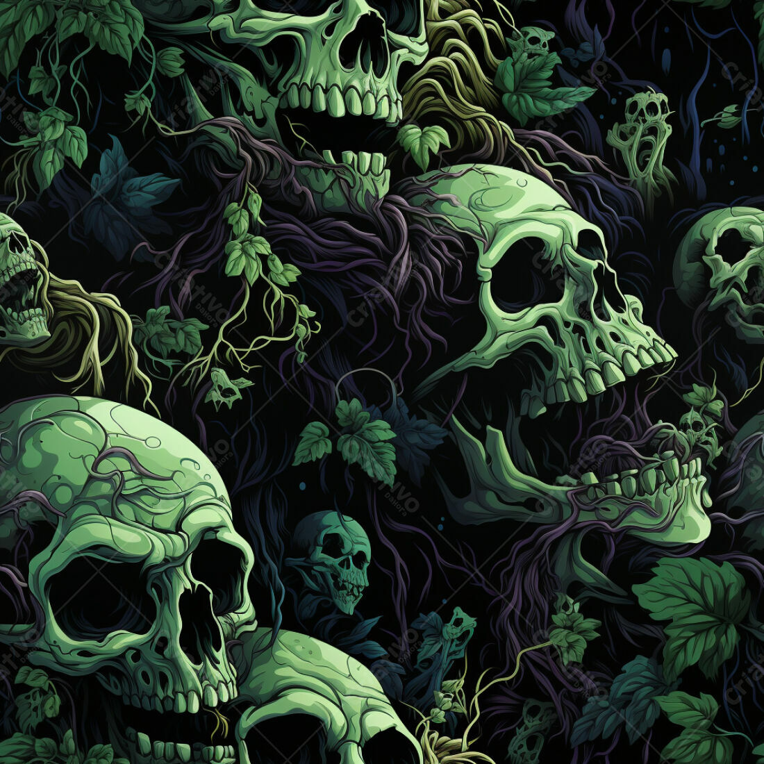 Textura caveira verde e trepadeiras para fundo sombrio