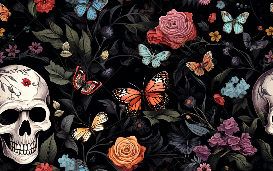 Textura floral caveira e borboleta para papel de parede