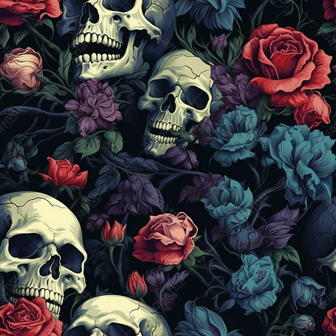 Textura Caveiras e Rosas para Papel de Parede
