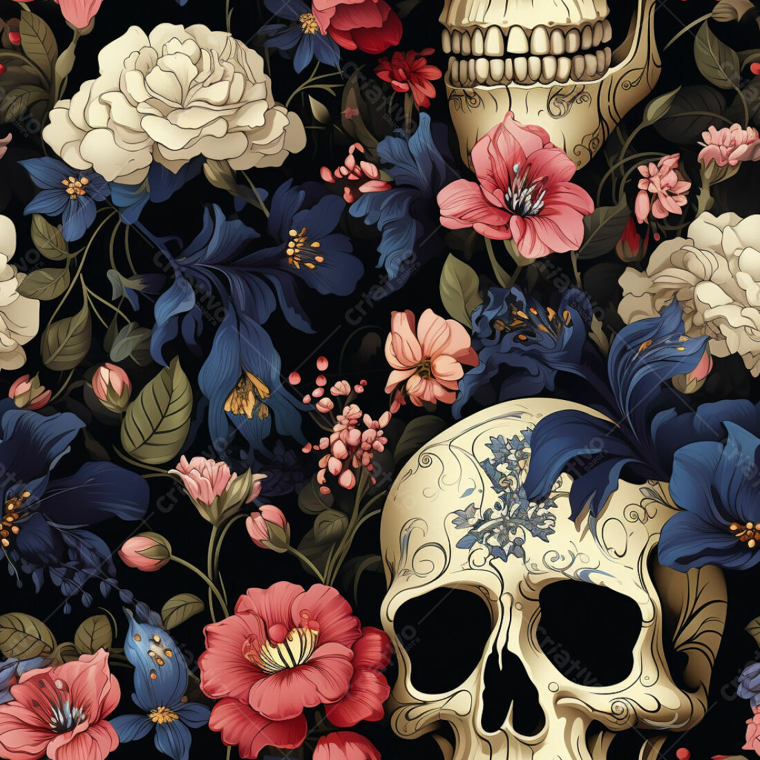 Textura floral caveira para fundo escuro