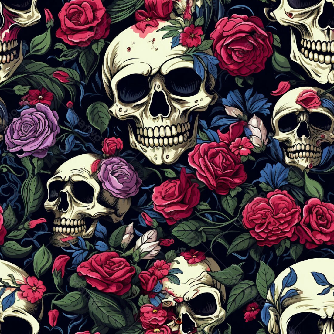 Textura Caveiras e Rosas para Fundo Gótico
