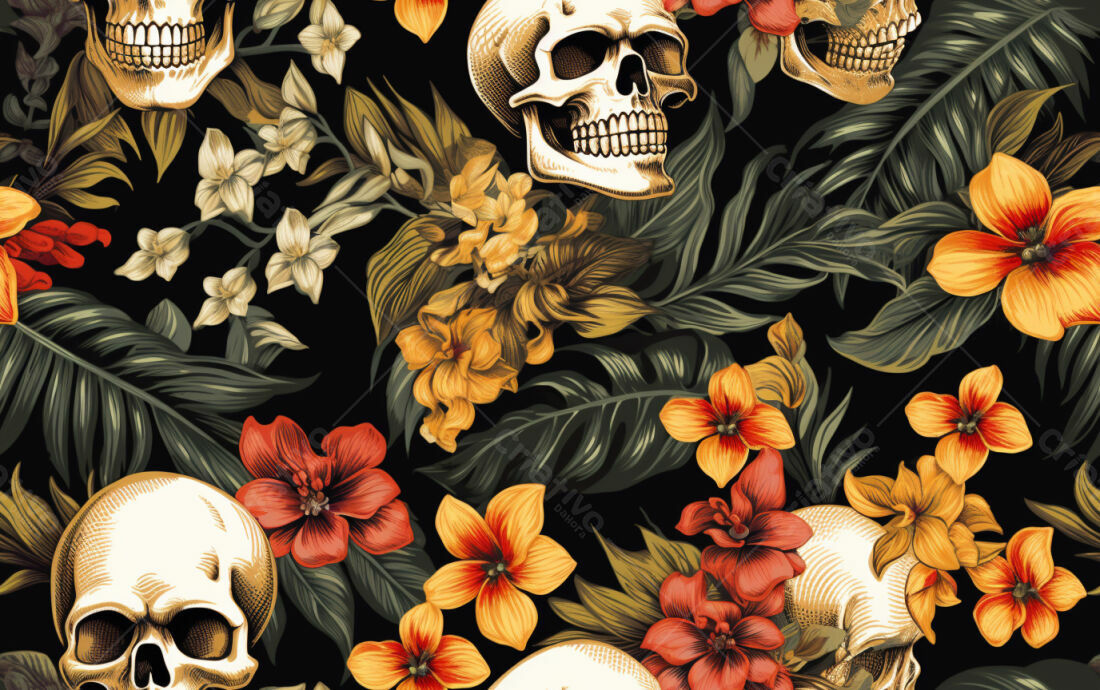 Textura floral caveiras tropicais para fundo