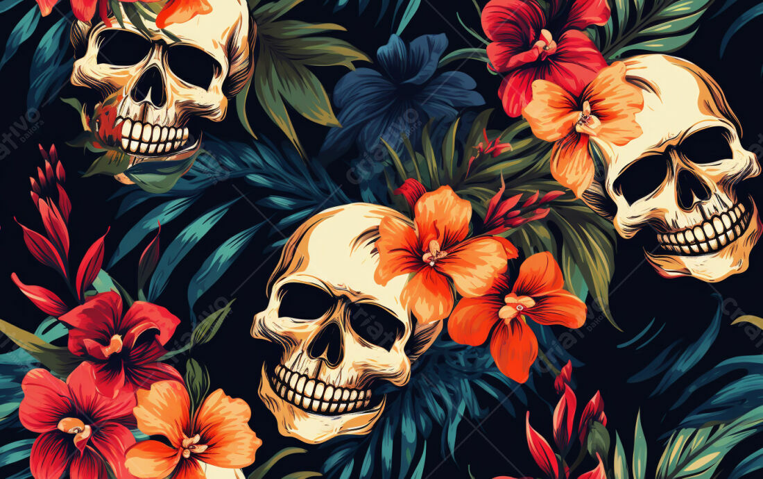 Textura caveiras tropicais para fundo escuro