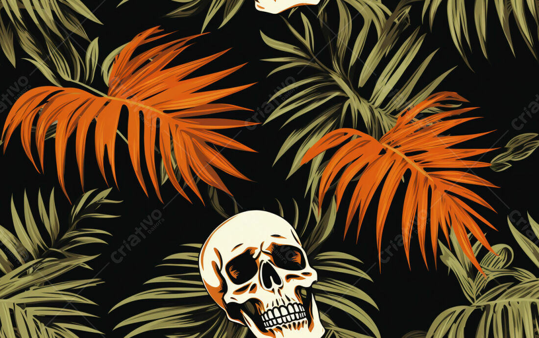 Textura Folhas Tropicais e Caveiras para Fundo