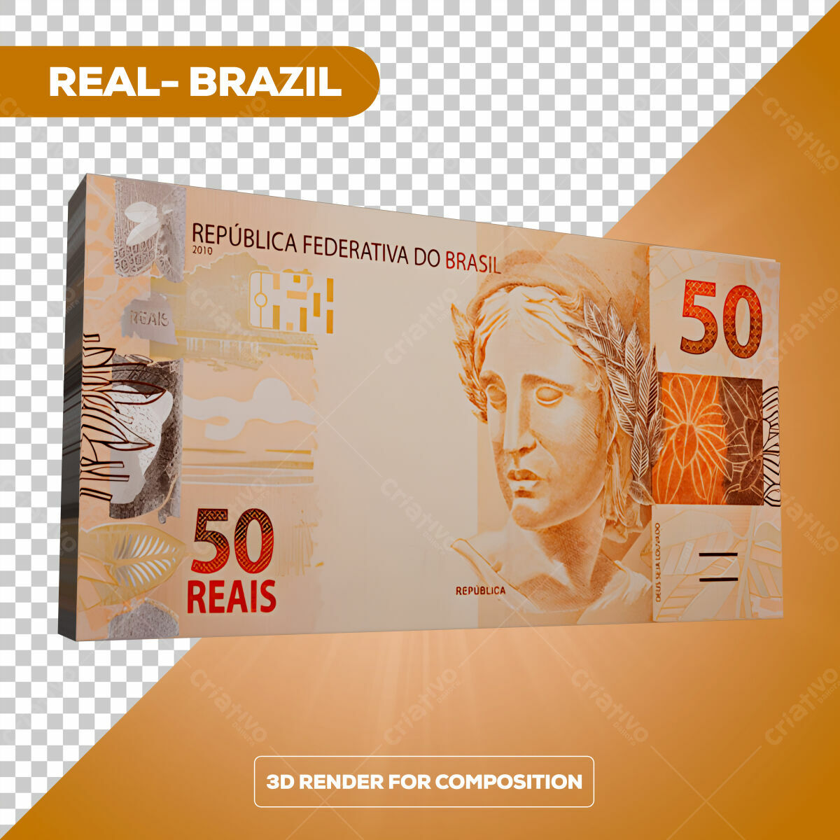 PSD Nota de 50 Reais 3D para Composição Gráfica Editável