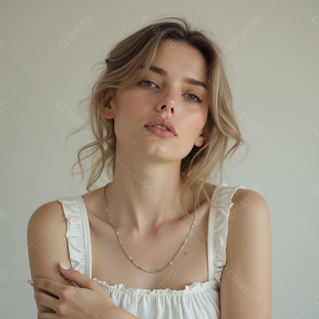 Modelo feminina com cabelo loiro usando vestido branco