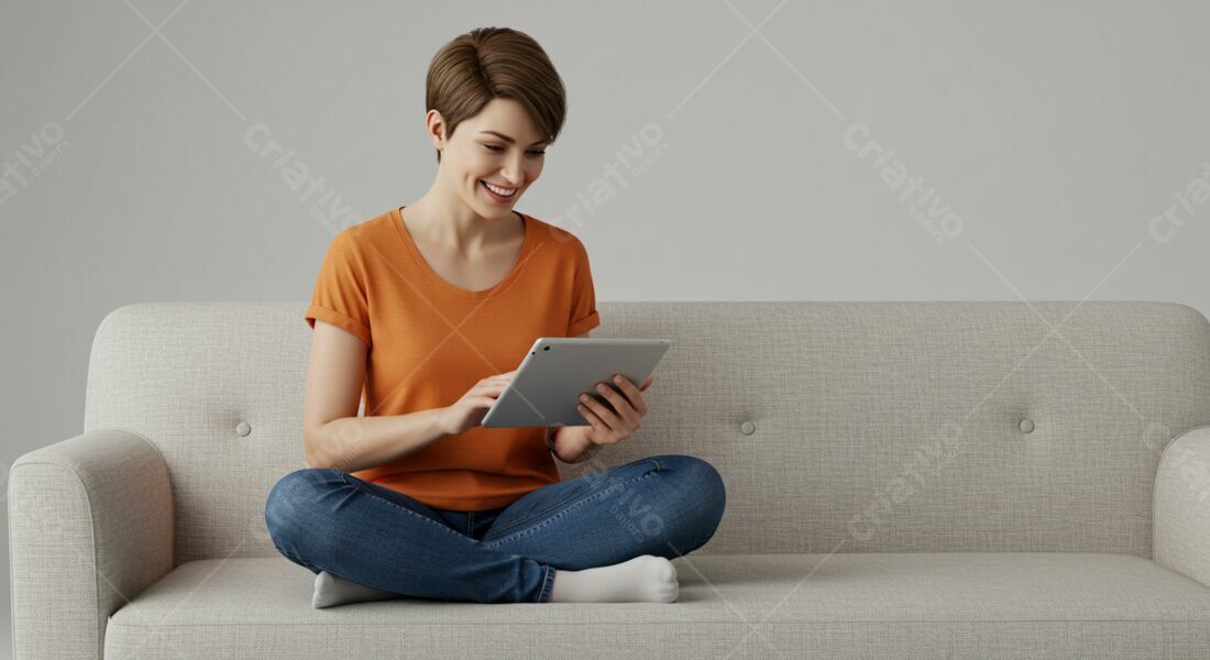 Mulher usando tablet sofá bege