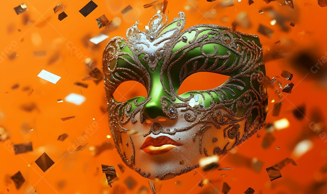 Máscara verde e dourada com confete laranja