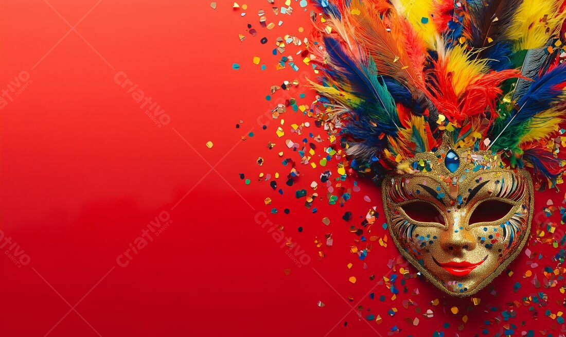 Máscara de Carnaval dourada com penas coloridas
