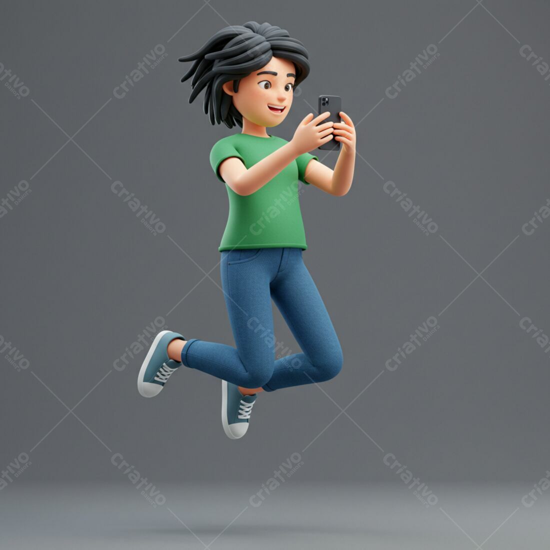 Menino pulando usando celular verde