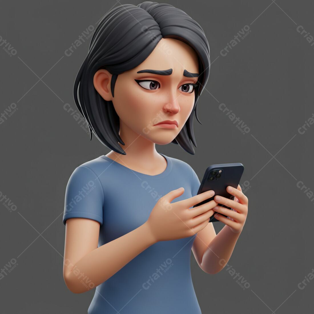 Mulher triste olhando celular fundo cinza