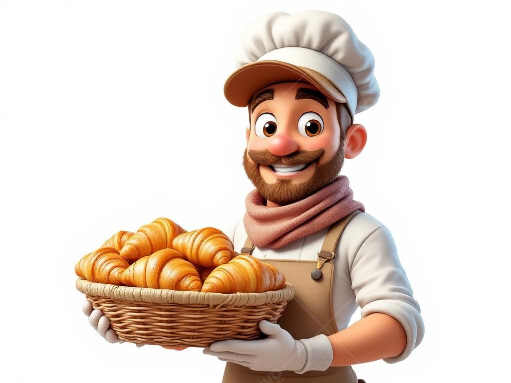 Padeiro feliz com cesta de croissants