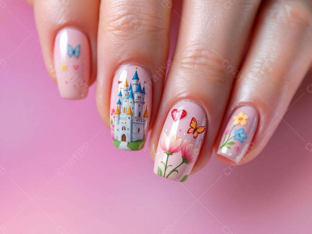 Unhas decoradas com castelo e flores