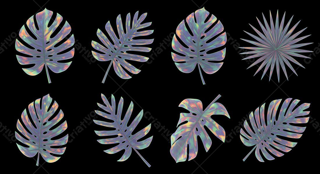 Folhas tropicais iridescentes fundo preto