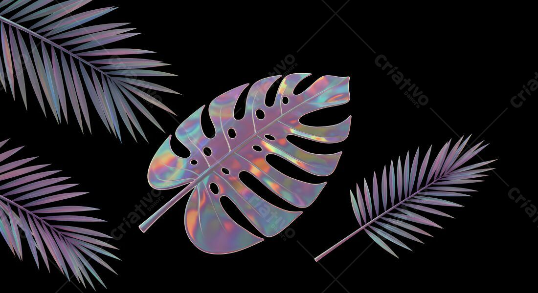 Iridescent Tropical Leaves Black Background