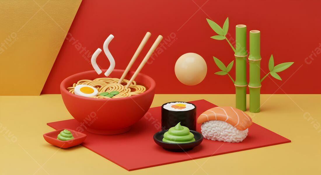 Ramen e Sushi estilo 3D fundo vermelho
