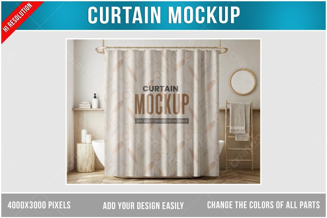 Mockup de Cortina de Banheiro: Estilo Minimalista Bege e Terracota