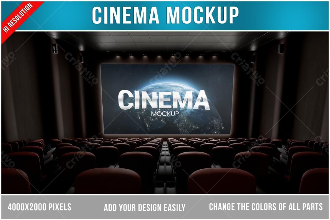 Mockup Cinema Realista: Tela Gigante e Poltronas Vermelhas