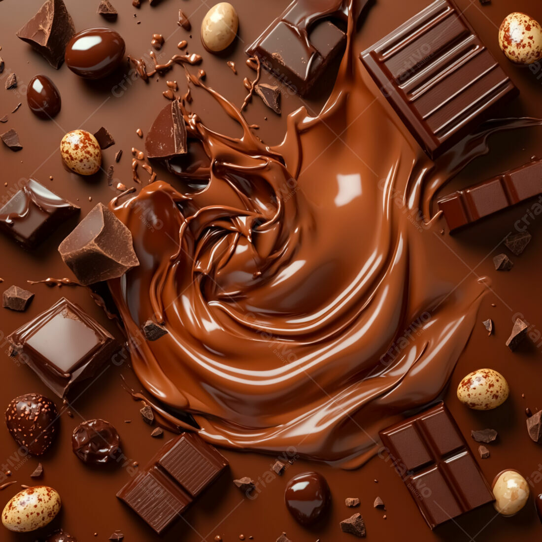 Chocolate derretido com barras e bombons