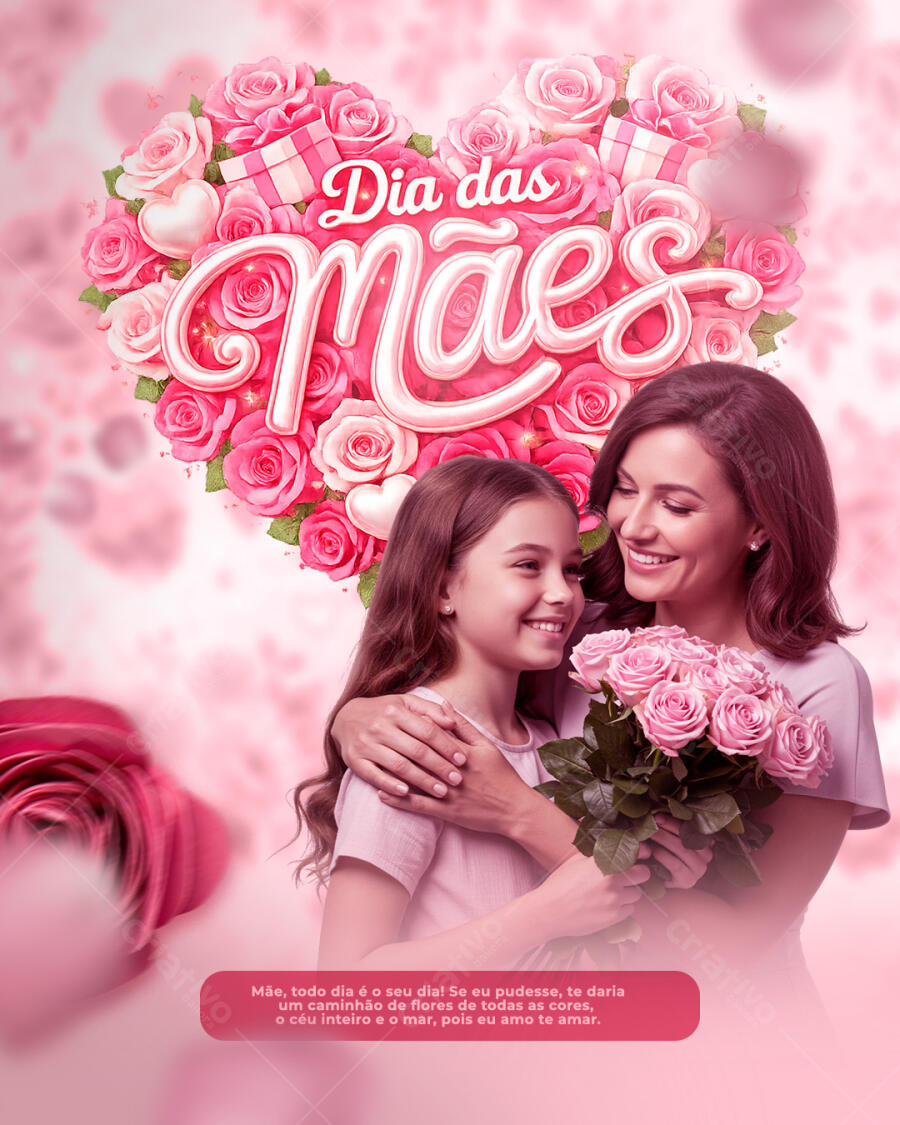Post Instagram Dia das Mães Rosas Coração PSD Editável