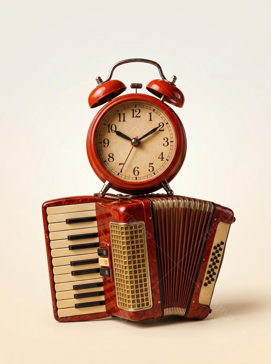 Red Accordion with Vintage Alarm Clock White Background Stock Photo