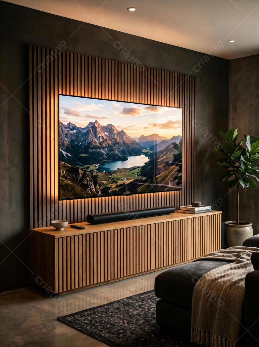 Foto Sala de Estar Moderna Painel Ripado TV Decoração Minimalista