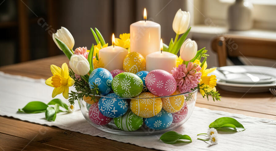 Foto Decoração Páscoa Mesa Ovos Coloridos Velas Flores