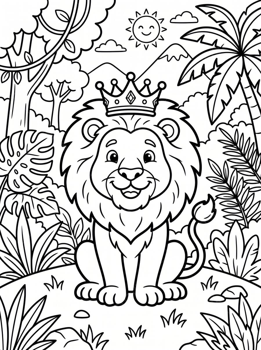 Desenho Leão Rei Coroa Selva Floresta para Colorir